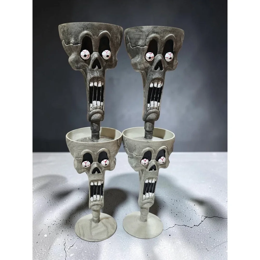 Vtg Skull Goblets Set of 4 Halloween Skeleton Wine Glasses Spooky Decor Plastic